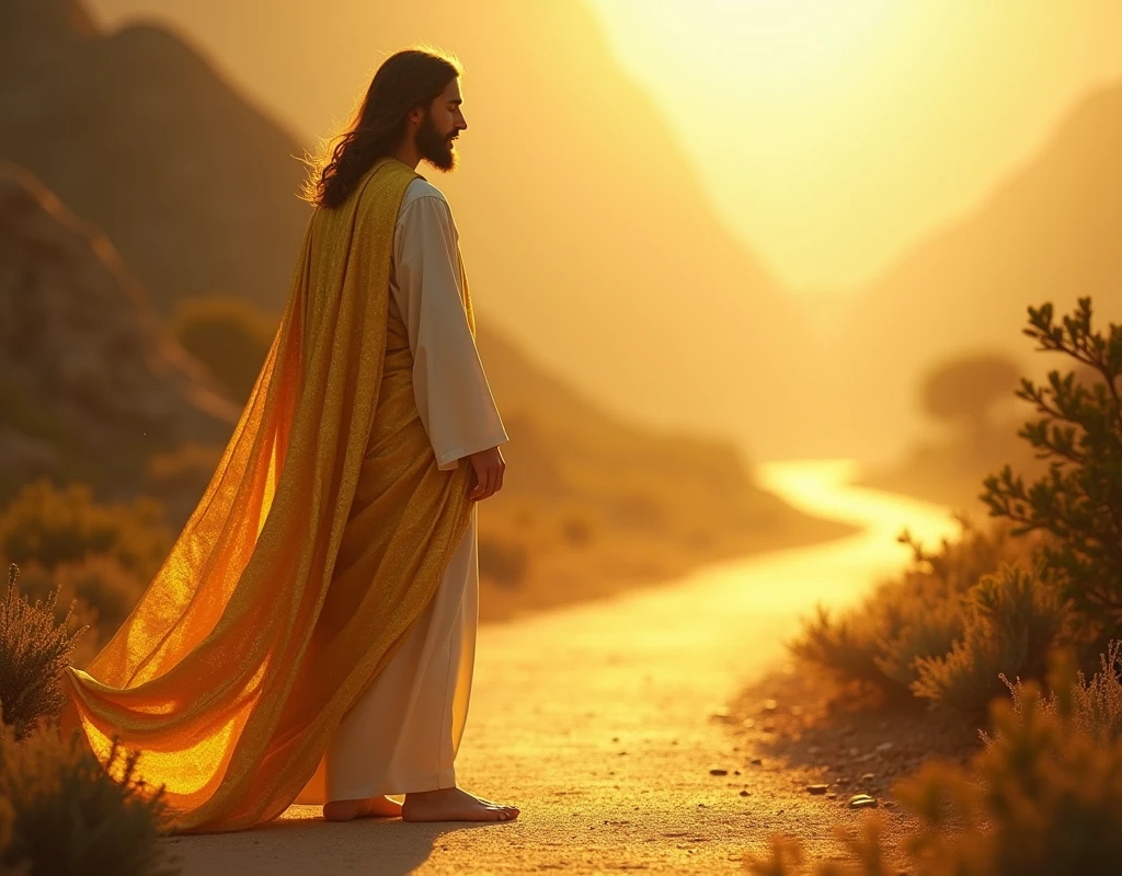 Jesus in GOLDEN clothes, cloth of gold, shiny, radiates light, Jesus facing the left side of the road, camino spiritual, made of light, On a winding road, small trees, around, spiritual. Remote camera.