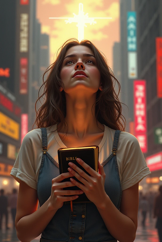 A brown-haired girl with a bible in her hand (being tempted by the world) while looking at God