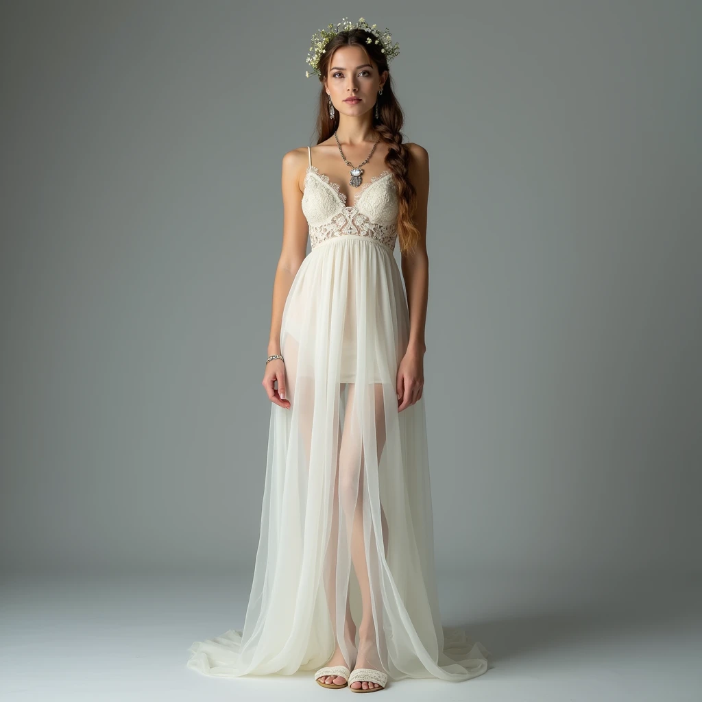 A full-body image of a European woman with an angelic essence face, standing poised looking at the camera against a gray background. She wears an ivory organza gown with a soft, flowing skirt and delicate lace detailing on the bodice. The gown’s translucent fabric creates a sense of airiness and sophistication. Her hair is styled in a halo braid adorned with small white flowers, forming a crown-like effect that radiates divine majesty. She wears gossamer slippers with lace embellishments. Her jewelry includes ethereal symbol earrings and a gemstone necklace, adding a mystical and otherworldly allure to her angelic attire.