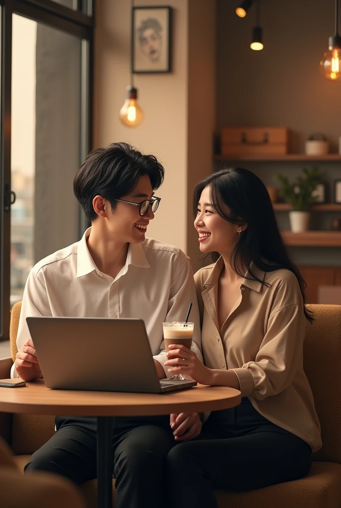 a couple of lovers in a very aesthetic coffee shop, the boyfriend is a man with black hair, Wears round glasses, a white blouse and black pants, The girlfriend also has black hair, wears a beige brown blouse and black pants, she is drinking a delicious chocolate milkshake and so is he, They are both happy talking and programming on their laptops because they are from the same college. 