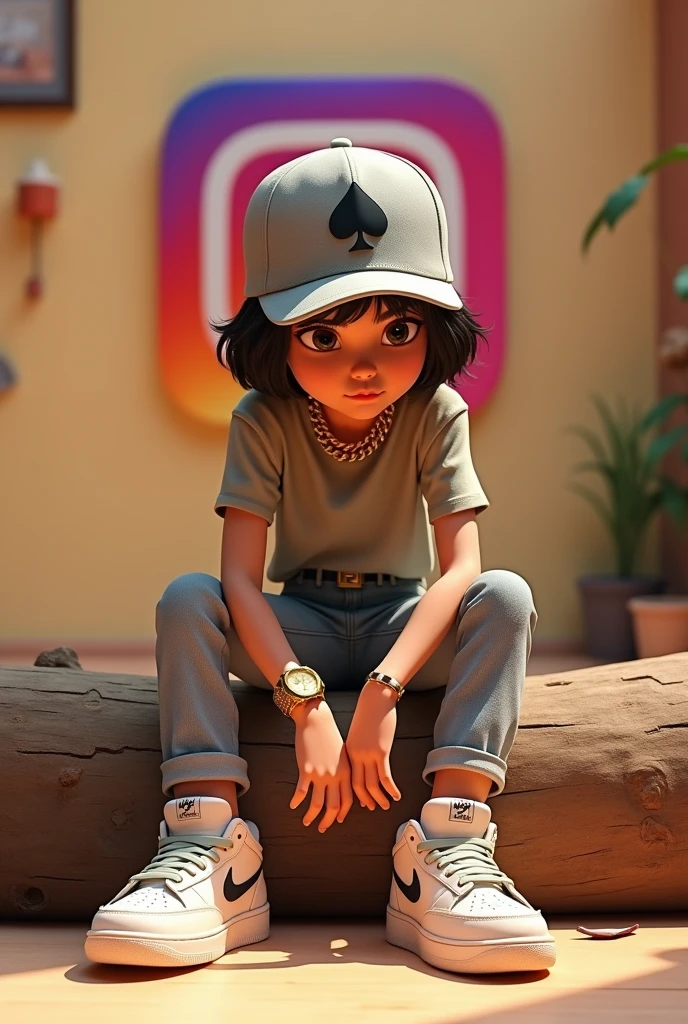 3d pixar type drawing skinny brunette teenager,gray cap with a spade suit design,with gold chain type cord rings on finger gold watch looking at the floor Nike chelena sitting on the instagram log . And on the background of the wall profile of the social network Instagram written the name Aleh.homen
