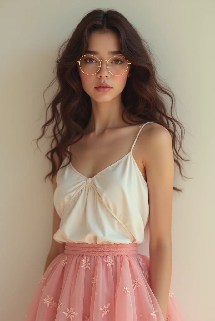 A brown-eyed girl, with dark brown hair, very long and curly, con cat eye glasses color dorado, wearing a white top with thick straps along with a very long pink skirt with a print of small, lighter pink flowers
