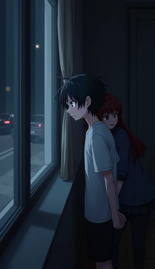 "Draw an dark anime scene with a 2 boy standing by a window, gazing outside with a frustrated expression. His sister is behind him, leaning against the doorframe with a mischievous or apologetic smile. The background should be a simple room interior, highlighting the contrast between the boy's frustration and his sister's playful demeanor."