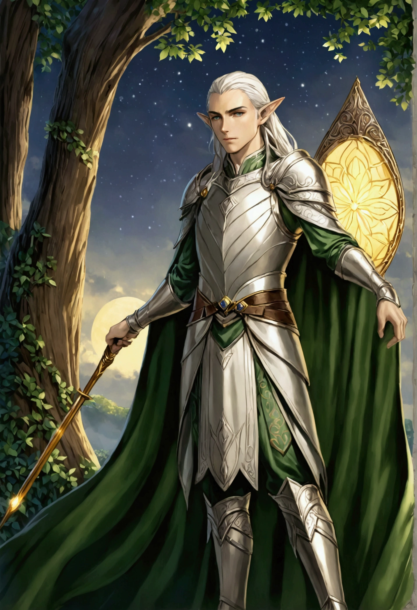 A half-elf man of tall, slender stature, with about 1,85 meters tall and weighing approximately 72 kg. Her pale skin has a slight golden hue., which reflects its elven heritage and gives it a subtle glow under the light. His face is angular, with fine and delicate lines, typical of elves, but with a human firmness that suggests a life of challenges and adventures.Her long, straight hair is a silver color with a metallic sheen., cascading over her shoulders and almost reaching her waist. These silver strands contrast with her vibrant eyes., which are a deep green with golden highlights, giving the impression that sparks of magic shine in his gaze. Eldarion has thin, well-defined eyebrows., which accentuate their often melancholic expression.He wears elegant leather armor, that combines functionality with an artistic touch, reflecting his bardic nature. The armor is adjusted to your body, allowing agile and graceful movement, and is decorated with subtle elven details. Attached to your waist, Eldarion carries a fine, well-crafted rapier., a weapon he wields with precision and style.Eldarion is also often seen with an ornate lute., which he treats with great reverence. The instrument is made of dark, polished wood., with elven carvings that seem to glow in the moonlight. Sobre seus ombros, he wears a cape that flows softly in the wind, with a greenish hue that seems to blend in with the nature around it.His posture is erect and his movement is graceful., but his eyes and expression suggest a deep knowledge of the mysteries and sorrows of the world. Eldarion exudes a charismatic presence, but also an emotional distance that arouses the curiosity of those who cross your path.