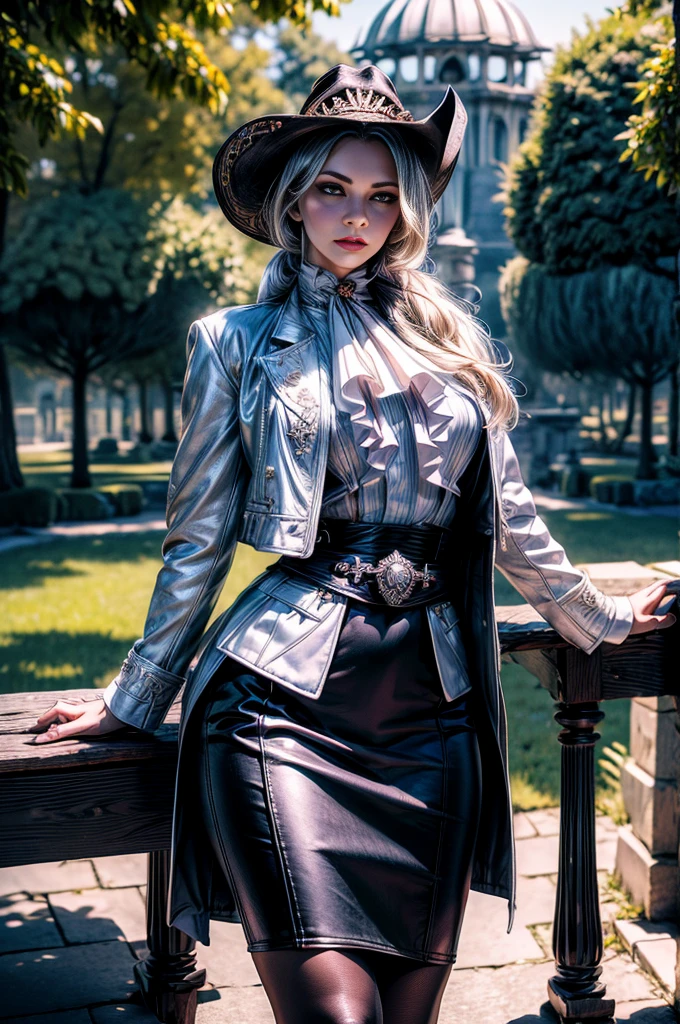 masterpiece,best quality, masterpiece, high detail,detailed face,detailed eyes,rendered eyes,perfect eyes,hip lines,crisp image,detailed,amazing,8k,8k wallpaper,8k background,high detailed skin,high res, (((cowboy shot))), solo, 1girl,looking at viewer,WillowSchnee, . Her attire consists of a white cravat secured by a silver brooch set with a red stone, as well as a light purple jacket with light sleeves, a wide belt around her waist, a matching pencil skirt with black tights and slippers. serious expression, standing outside, garden, maze, ornate Gazebo, holding wine glass  (volumetric lighting), sharp focus, hyper detailed 