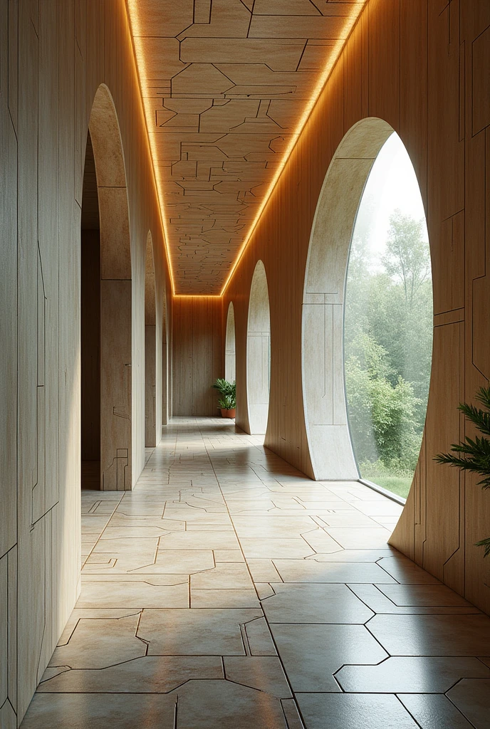 Imagine an interior space that incorporates the design of a circuit board. The walls and floor feature printed circuit board patterns., But these patterns are stylized with soft colors and textures that mimic natural materials such as wood.. Circuit lines integrate seamlessly into the design.
