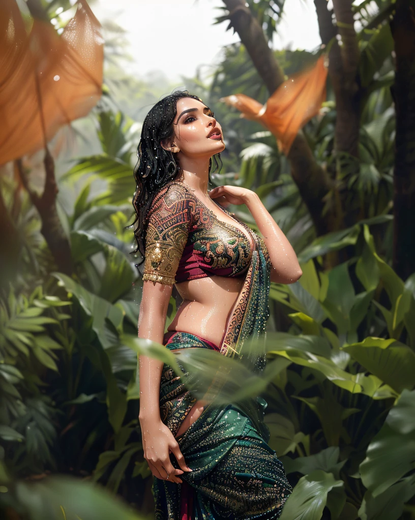 araffe woman in a sari posing in a forest, amidst nature, looking majestic in forest, traditional beauty, wearing an elegant tribal outfit, with beautiful exotic, in jungle, dressed in a sari, in a jungle, attractive pose, wearing a sari, in a jungle environment, elegant pose, stunning elegant pose, mid shot portrait, lush surroundings, candid picture, big boobs, cleavage show, wet cloth and body, rain all over