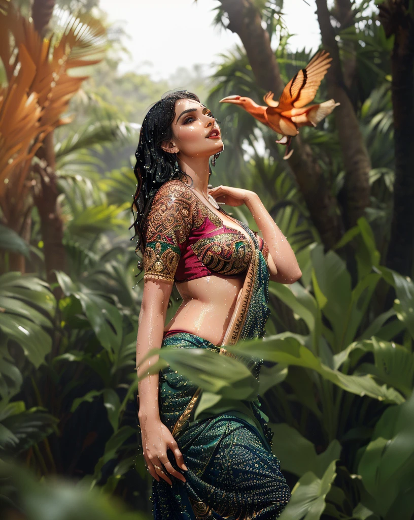 araffe woman in a sari posing in a forest, amidst nature, looking majestic in forest, traditional beauty, wearing an elegant tribal outfit, with beautiful exotic, in jungle, dressed in a sari, in a jungle, attractive pose, wearing a sari, in a jungle environment, elegant pose, stunning elegant pose, mid shot portrait, lush surroundings, candid picture, big boobs, cleavage show, wet cloth and body, rain all over