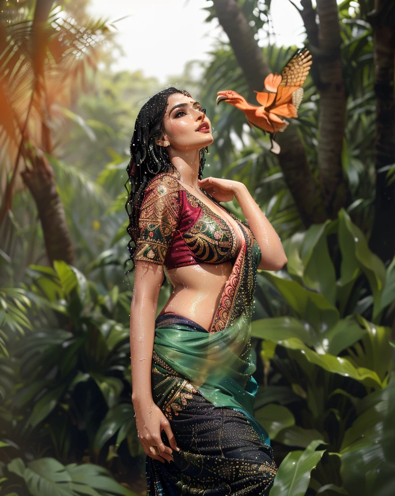 araffe woman in a sari posing in a forest, amidst nature, looking majestic in forest, traditional beauty, wearing an elegant tribal outfit, with beautiful exotic, in jungle, dressed in a sari, in a jungle, attractive pose, wearing a sari, in a jungle environment, elegant pose, stunning elegant pose, mid shot portrait, lush surroundings, candid picture, big boobs, cleavage show, wet cloth and body, rain all over