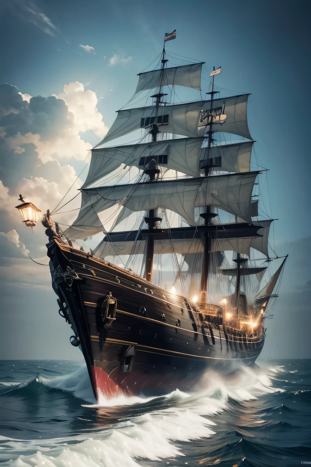 realistic pirate ship with ghosts