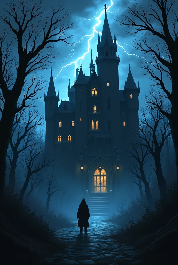 gothic haunted mansion in the woods, scary, facing the door, storm lightning theme cold color anime style