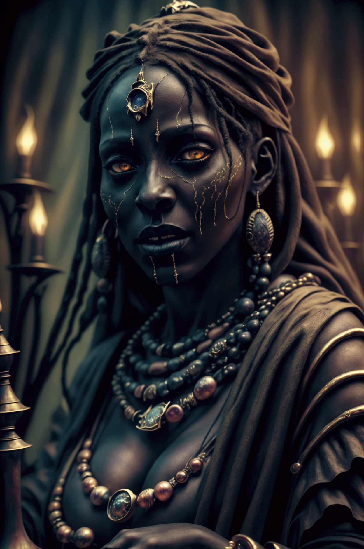 a voodoo african witch, golden eyes, macabre atmosphere, casting a spell, macabre atmosphere, (best quality,8k,highres,masterpiece:1.2),ultra-detailed,(realistic,photorealistic,photo-realistic:1.37),HDR,UHD,studio lighting,ultra-fine painting,sharp focus,physically-based rendering,extreme detail description,professional,vivid colors,bokeh,dark fantasy,occult,mystical,cinematic lighting,dramatic shadows,moody,ominous