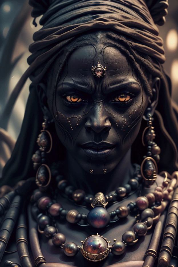 a voodoo african witch, golden eyes, macabre atmosphere, casting a spell, macabre atmosphere, (best quality,8k,highres,masterpiece:1.2),ultra-detailed,(realistic,photorealistic,photo-realistic:1.37),HDR,UHD,studio lighting,ultra-fine painting,sharp focus,physically-based rendering,extreme detail description,professional,vivid colors,bokeh,dark fantasy,occult,mystical,cinematic lighting,dramatic shadows,moody,ominous