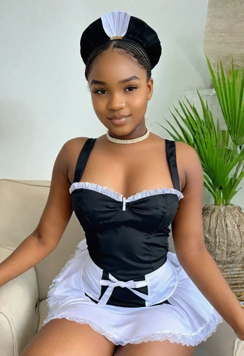 ((Photo medium distance:1.35)), ((Best resolution:1.4)), ((high quality:1.2)), (Work of art), 8k, extremely detailed, ((High detail:1.2)), Solo, ((HotLexi pretty perfect African angolan teenager female)), ((maid uniform)), (perfect hot hourglass body:1.25), (square-shaped defined pretty face:1.35), (medium round breasts),