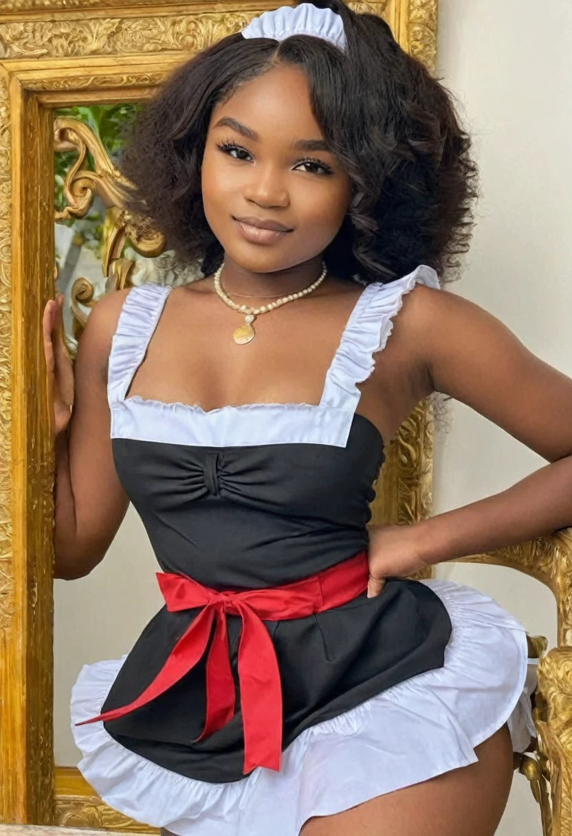 ((Photo medium distance:1.35)), ((Best resolution:1.4)), ((high quality:1.2)), (Work of art), 8k, extremely detailed, ((High detail:1.2)), Solo, ((HotLexi pretty perfect African angolan teenager female)), ((maid uniform)), (perfect hot hourglass body:1.25), (square-shaped defined pretty face:1.35), (medium round breasts),