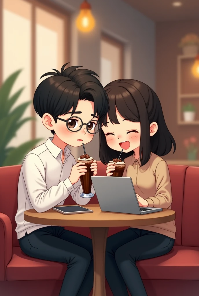a couple of lovers in a very aesthetic coffee shop, the boyfriend is a man with black hair, Wears round glasses, a white blouse and black pants, The girlfriend also has black hair, wears a beige brown blouse and black pants, she is drinking a delicious chocolate milkshake and so is he, They are both happy talking and programming on their laptops because they are from the same college. Make them CHIBI shape