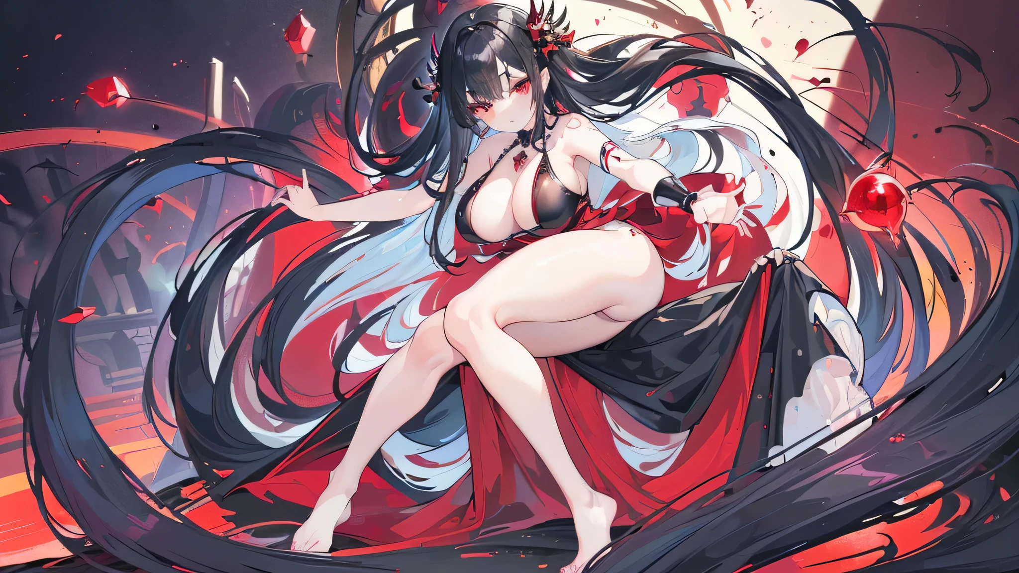 Exquisite eyes),(Clear and beautiful eyes:1.61),masterpiece, ung girl,(Black clothes and some red gems), Black long hair, (She has a huge red gem on her chest), Good Hand,((The Havoc of StarCraft)),full-body shot,Fighting Stance,(Red Eyes:1.466),short and small,(Very big breasts:1.35),(Pretty Face),(full-body shot:1.33),Beautiful hands