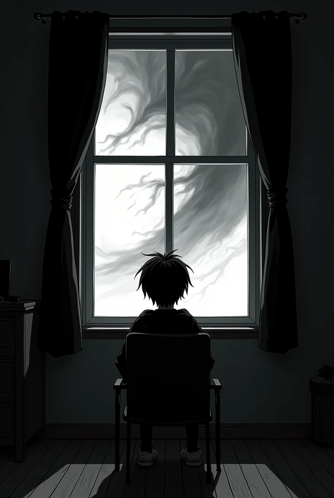 horizontal dark anime-style black and white image of a character sitting on a chair in his own room watching a heavy anxiety storm from the window