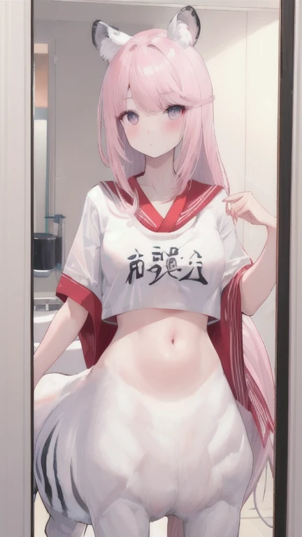 (best quality, masterpiece), 1 girl, centaur, I beg, White skin, Japanese schoolgirl, black pink, exposing the abdomen, belly button t-shirt , beautiful girl perfect, White tiger photo, Perfect bathroom photo