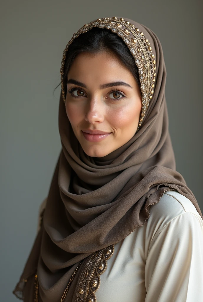 quality, Realistic, Photorealistic, extremely detailed, An extremely delicate and beautiful, RAW photo, 4K, 8K, Professional lighting, Dynamic lighting, light in face, Depth of field, solo focus, full body, flawless beauties,A 20-year-old female, Brown eyes, Smaller head, Fashion girl, Beautiful eyes, Large breasts, Real face, Real skin, Realistic face, Realistic skin, Detailed eyes, Detailed facial features, detailed hijab, detailed clothes feature, (fashionable attire:1.3), (intricate fashion hijab: 1.3) dynamic poses,Detailed face, pretty smile, cowboy shot