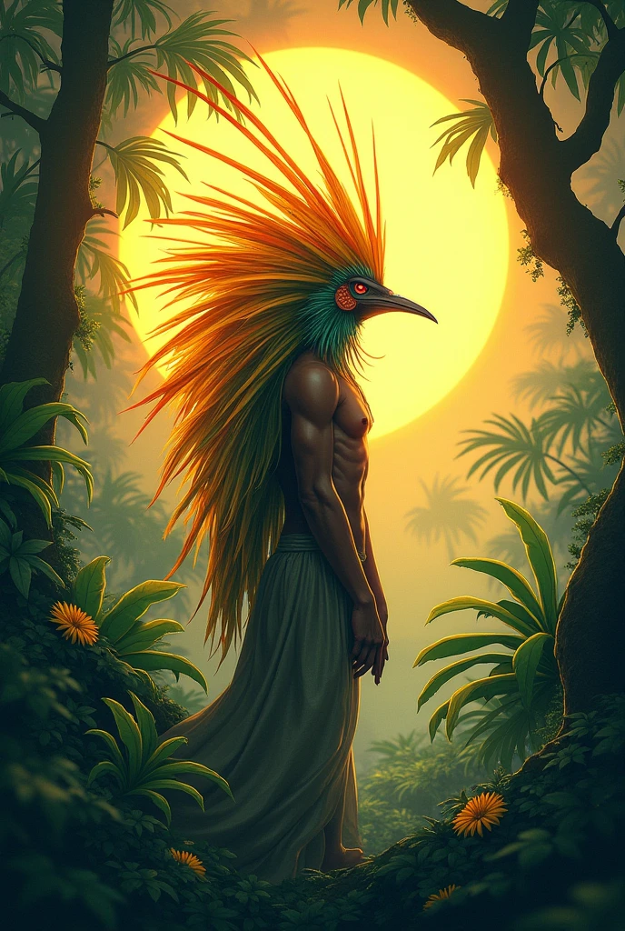 An illustration of the entity Caboclo do Sol, that is inside the forest, He is an Indian, that it is daytime and preferably that the sun is behind it, I have a crest of medium-sized yellow feathers for you, orange, red and green so that the sun illuminates it and the sun can be seen
