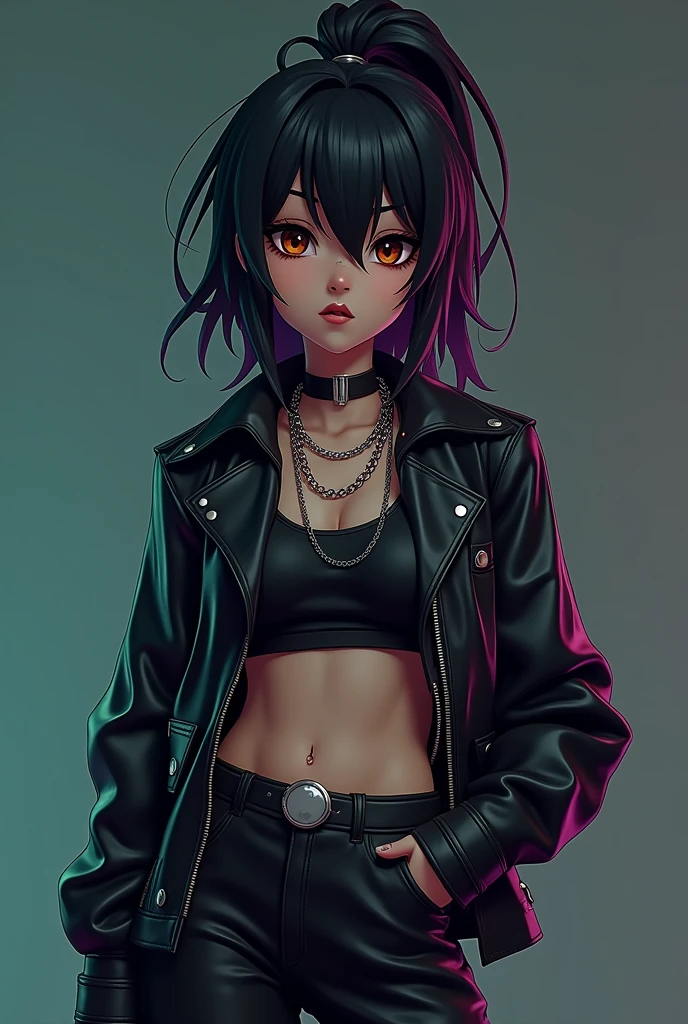 Create a full body anime style young female 3D character, representing the retro of the 90s, with dark purple tone, verde y azul oscuro que reflejen una figura enigmática y reserved; look as if challenging, serious and the eyes are angular; a posture that reflects a confident and somewhat challenging attitude.
He has brown skin. dark makeup (earth tones), too much eyeliner, I would use leatherette, large silver chains and studs, black heeled boots, very tight blouses as well as their pants. Hairstyle in a high ponytail or short layered and messy.
His intelligence is sharpened, making her a master strategist, His critical attitude distances him from others.
He is an intelligent character, strong, cool, powerful, but at the same time cold, reserved, naughty and very sarcastic