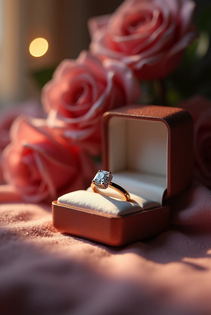 A romantic scene with an open jewelry box, revealing the Moissanite ring and the half wedding band together
