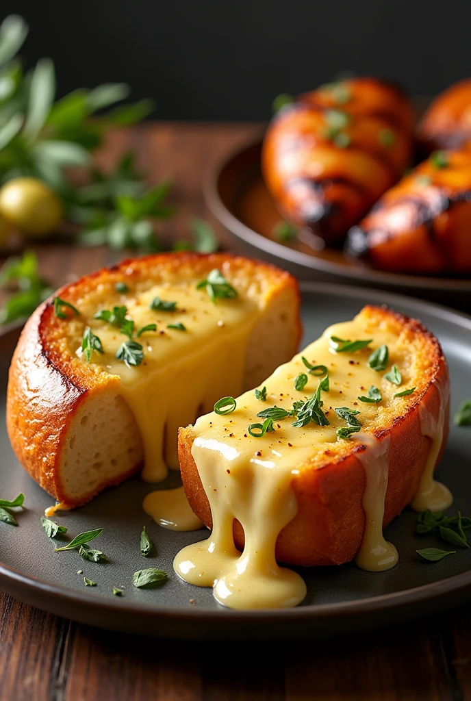 A garlic bread with lots of cheese and next to it a plate of very juicy grilled chicken hearts