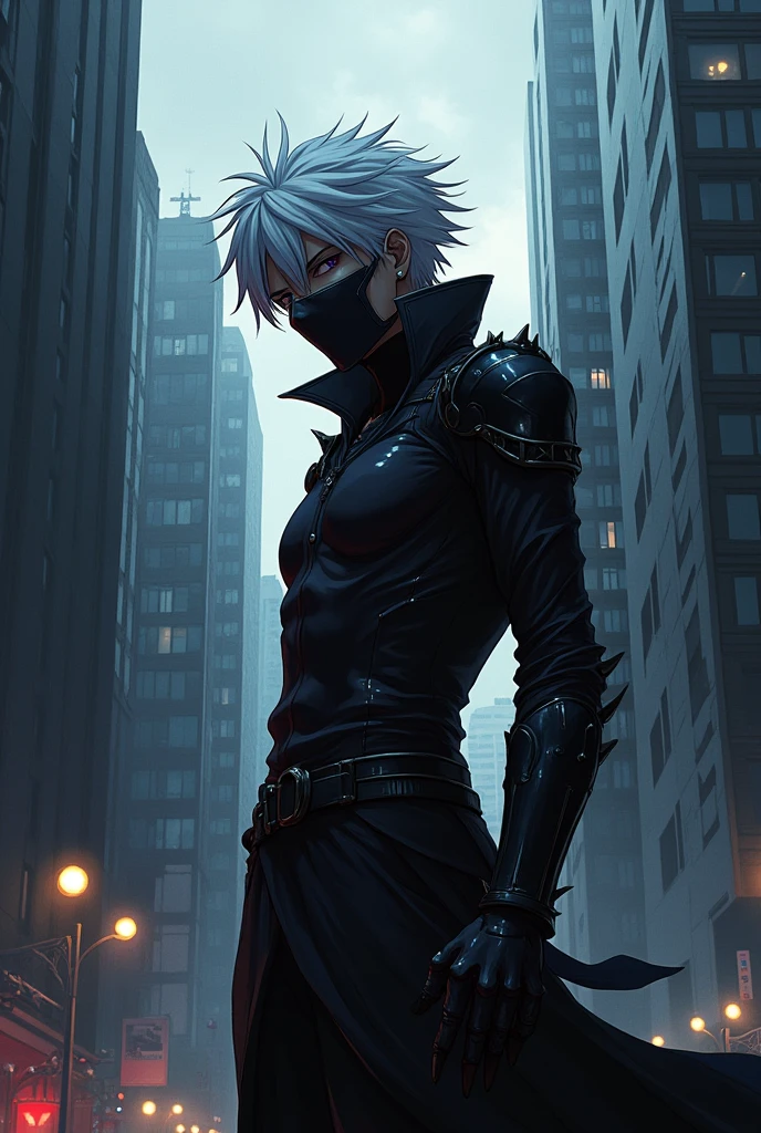 Make a picture of kaneki ken, do anime tokyo ghoul, with a backdrop of buildings