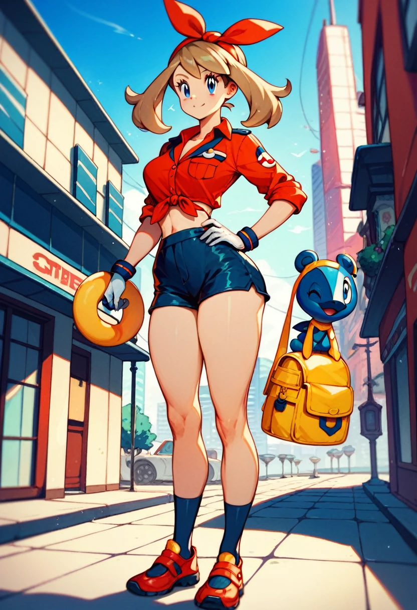 May from Pokémon, triple n size boobs, thin waist, medium size butt, medium size thighs, She wears a red short-sleeved shirt with a navy blue semi-circle on top part, a yellow fanny pack, white gloves with navy fingertips, a white mini skirt under the shirt over dark blue cycle shorts, and black ankle socks along with red shoes with black and yellow stripes, red bandanna covering the entire head with the two ends sticking up, light brown hair, long thick mousse brown hair with thick side tails, and with a side fringe falling across the forehead, blue eyes, standing in a city