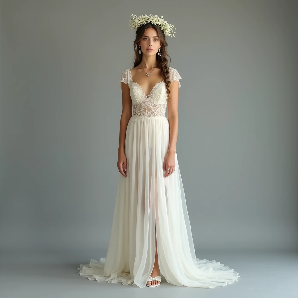 A full-body image of a European woman with an angelic essence face, standing poised looking at the camera against a gray background. She wears an ivory organza gown with a soft, flowing skirt and delicate lace detailing on the bodice. The gown’s translucent fabric creates a sense of airiness and sophistication. Her hair is styled in a halo braid adorned with small white flowers, forming a crown-like effect that radiates divine majesty. She wears gossamer slippers with lace embellishments. Her jewelry includes ethereal symbol earrings and a gemstone necklace, adding a mystical and otherworldly allure to her angelic attire.