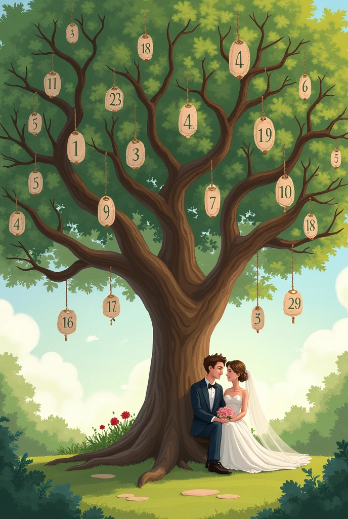 create a wedding guest tree, with various numbers on the branches of the tree and a couple sitting on the lower branches sentados nos galhos