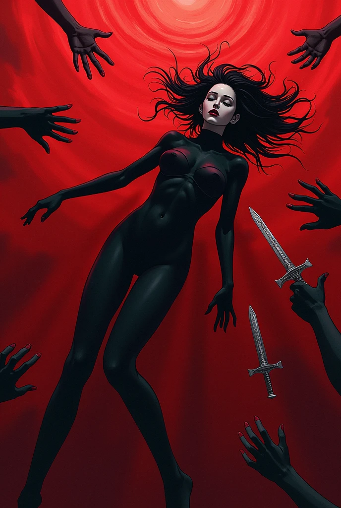 Draw an androgynous humanoid being lying in a red sea with several hands grabbing him and several swords lying in the sea.. Dark cartoon anime style drawings