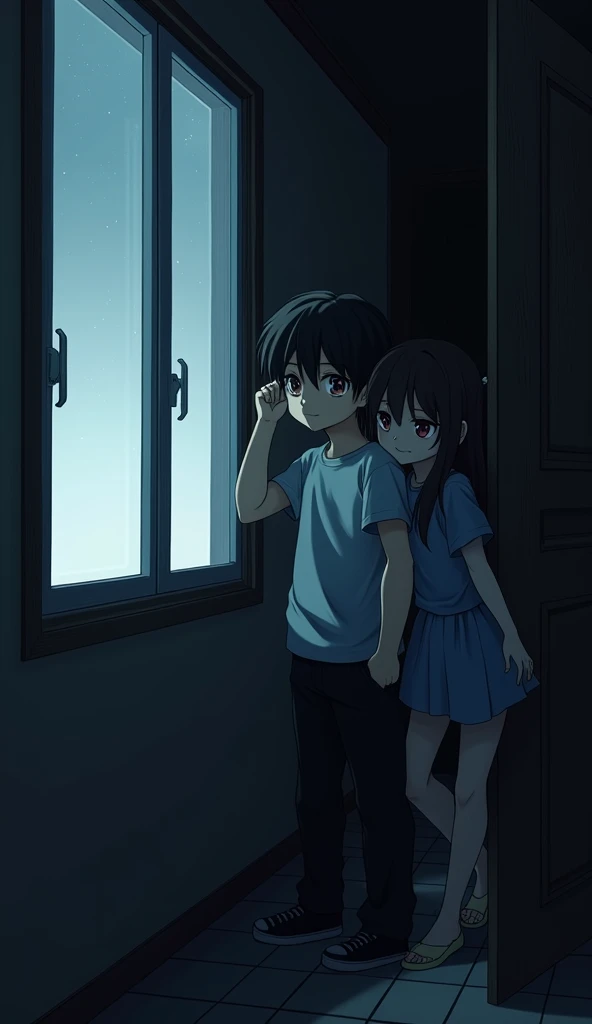 "Draw an dark anime scene with a 2 boy standing by a window, gazing outside with a frustrated expression. His sister is behind him, leaning against the doorframe with a mischievous or apologetic smile. The background should be a simple room interior, highlighting the contrast between the boy's frustration and his sister's playful demeanor."