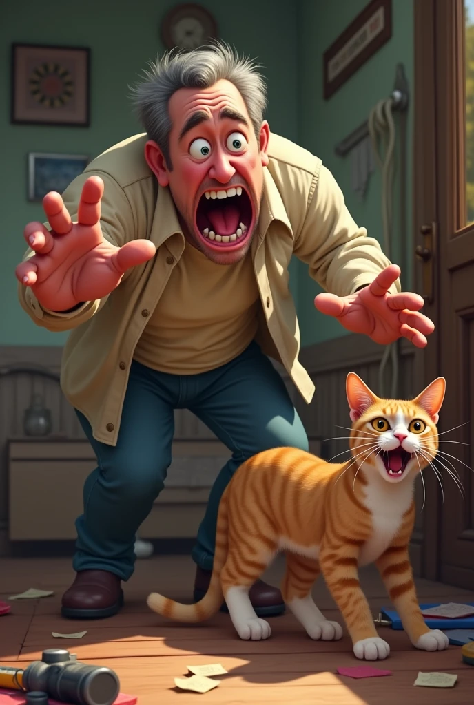 A person screaming because a cat bit him
