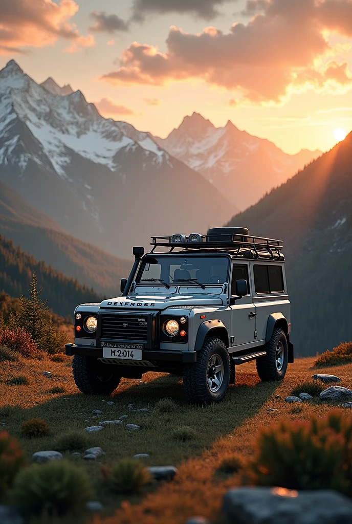 (photorealism:1.2), beautiful sunset view in the mountains with land rover defender