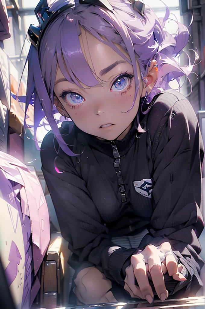  Purple haired woman with black horns, lavender skin, fuchsia pink eyes (queen clothes and shiny crown) , elegant pose, looking to the camera, sitting in an elegant chair, detailed, day time, Sun rays, ultra detailed photography, 4k quality lighting, sharp focus, High resolution, masterpiece, anime style, carrying a one year old male baby, purple hair, RAF blue eyes, hugging his mother.