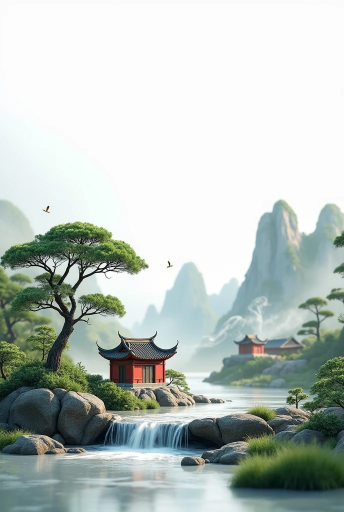 ancient chinese style decoration, on the stone, there are welcoming pines, Mountains, water, Ancient Chinese Buildings, grass, smoke, micro landscape style, Chinese Art Concept, main body outside - pure white background, advertising photography, cinema lighting, soft light, realistic lighting restoration, Studio photography, Shooting with Hasselblad, 50mm lens side view from above, High Tone, high contrast, central composition, HD, 3D stereo art, ultra HD