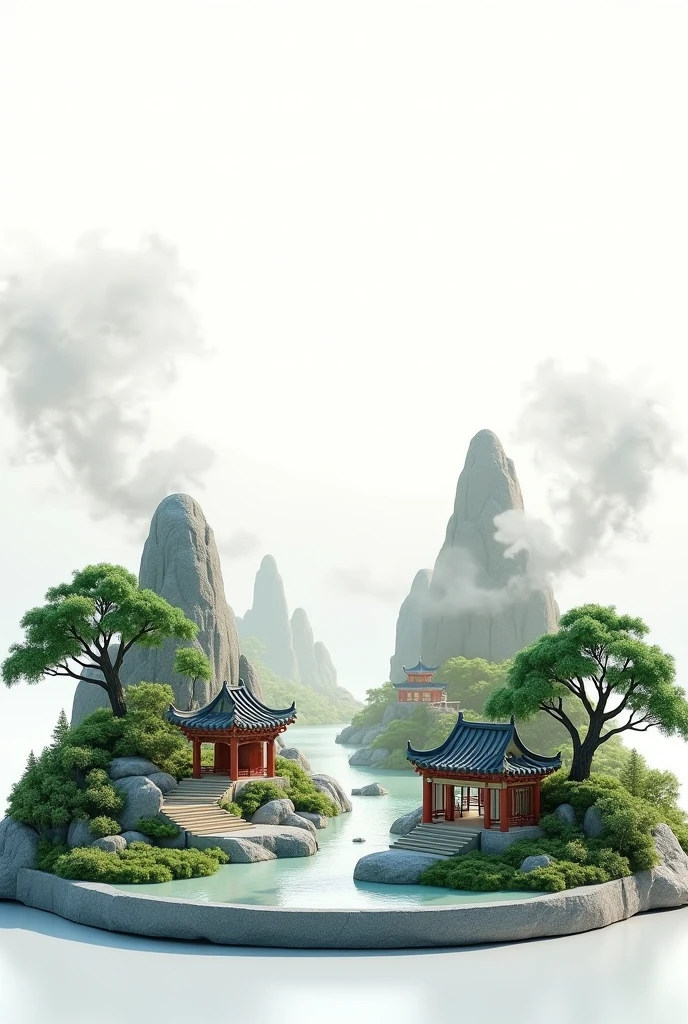ancient chinese style decoration, on the stone, there are welcoming pines, Mountains, water, Ancient Chinese Buildings, grass, smoke, micro landscape style, Chinese Art Concept, main body outside - pure white background, advertising photography, cinema lighting, soft light, realistic lighting restoration, Studio photography, Shooting with Hasselblad, 50mm lens side view from above, High Tone, high contrast, central composition, HD, 3D stereo art, ultra HD