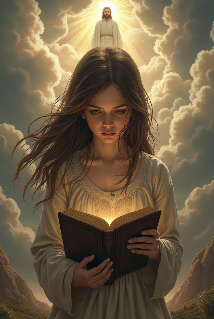 A brown-haired girl with a bible in her hand (being tempted by the world) while looking at God, with a tear on his cheek