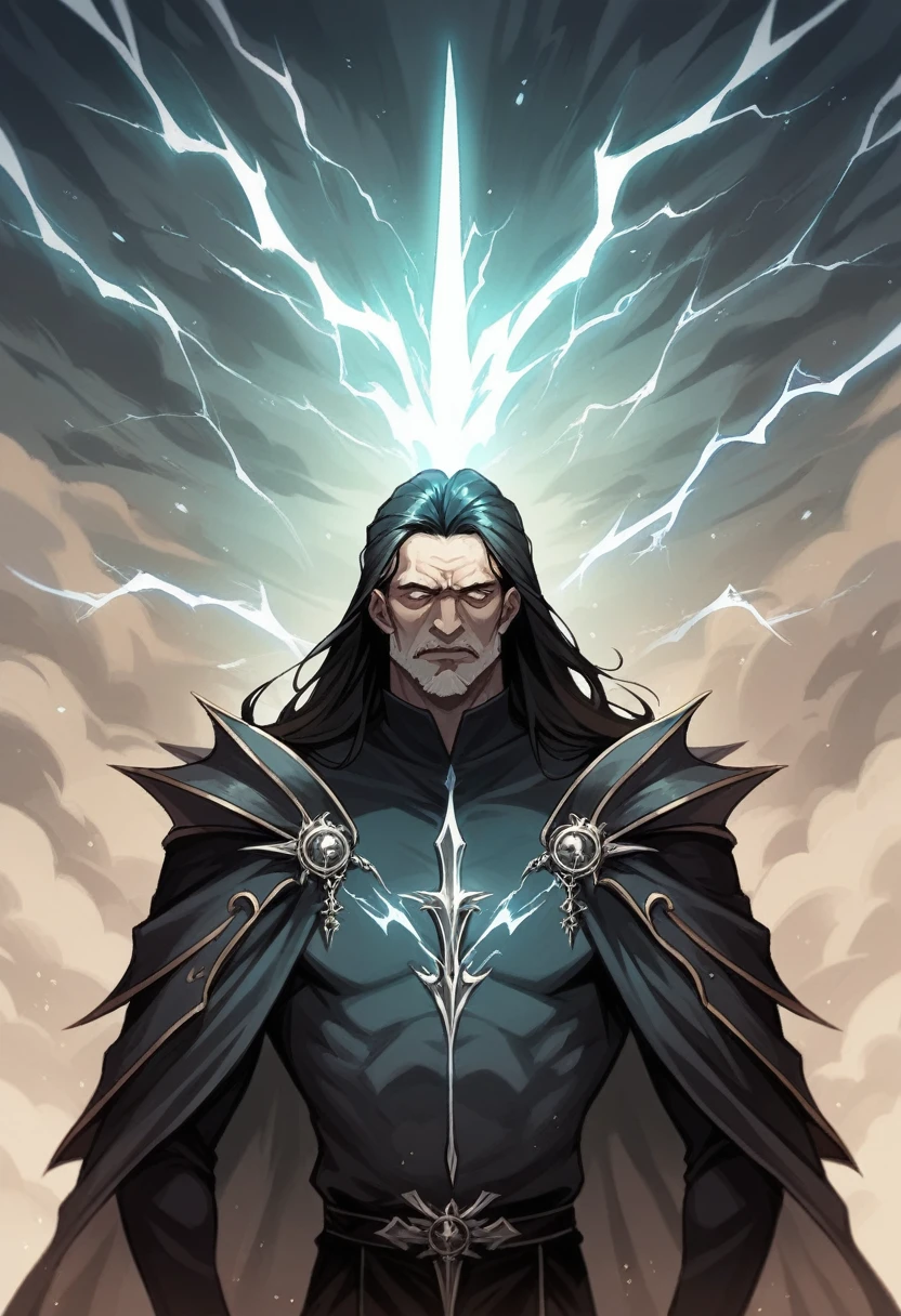Portrays Tupã as an old man with black hair, with its layer of dark clouds and lightning, His obsidian spear glowing with energy, and its bow made of a curved beam. Uses vibrant colors and dramatic contrasts to highlight his mastery over the elements, From the lightning that lights up the sky to the life that emerges with the rain. Uses Renaissance and Gothic techniques to add depth and realism, creating an image that conveys majesty, the mystery and strength of this god. L
