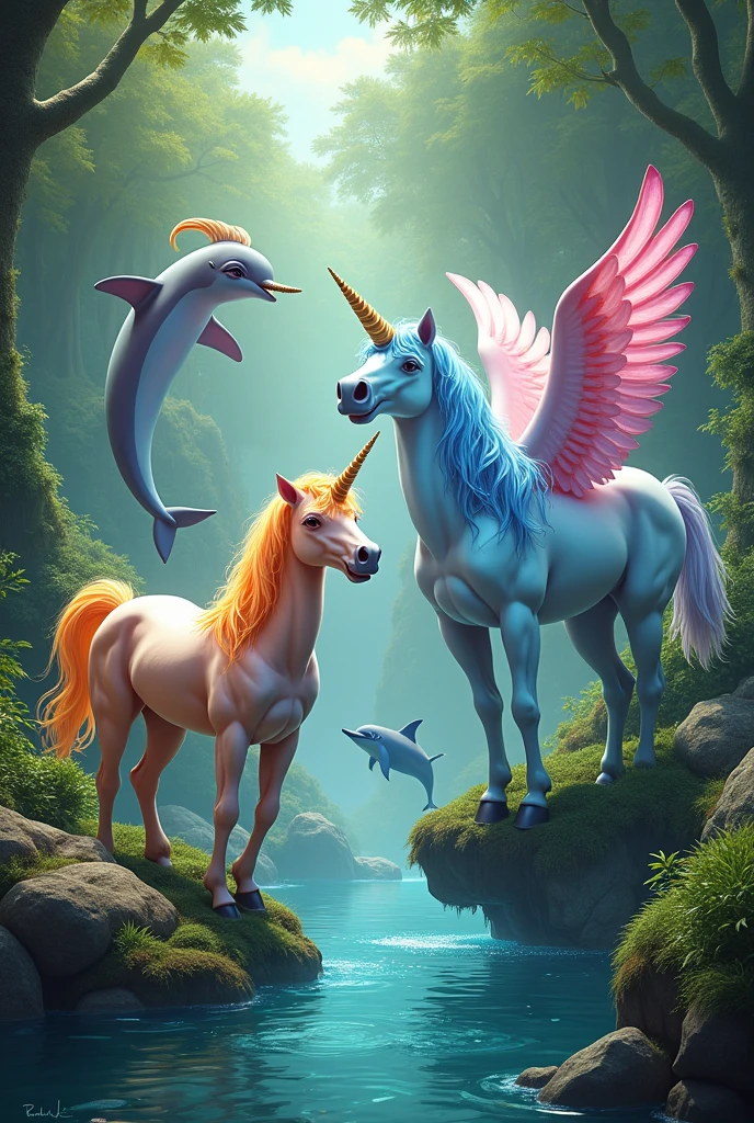 Unicorns ,pegazoz and dolphins with horns in a forest and with colors of the lgbeq flag+