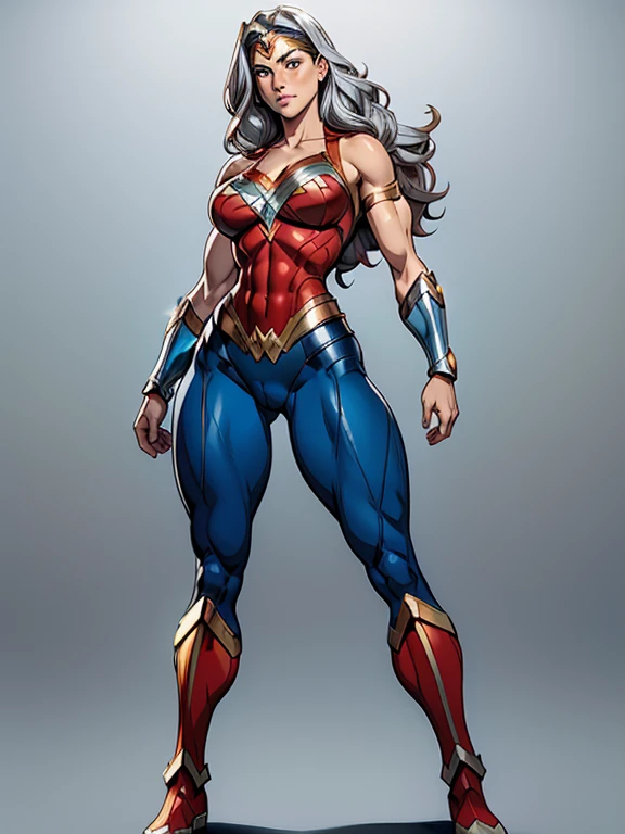 Natural Beauty,(Masterpiece),(Gina Carano),(Accurate Face Proportion),(Wonder Woman Tiara),(Low-cut Top Revealing Cleavage)(Classic Wonder Outfit(red, blue, golden and silver)), Vibrant colour tone,(Full Body View Visible),(Athletic Physique),(Wide Hips),(Toned Arms and Legs), Contemplative Stance with Emphasis on Buttocks: In a relaxed yet thoughtful pose, Wonder Woman’s tight suit outlines the natural curves of her body, focusing on the shape of her buttocks. Her hand on her chin and the other arm crossed over her chest further accentuate the snug fit, highlighting her athletic build.