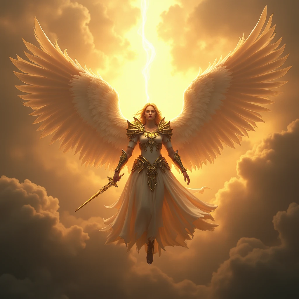 masterpiece, best quality, ultra highres, photorealistic, 8k resolution, Canon EOS R5, 50mm, ethereal, angels, battle in heaven, armored angels, dramatic lighting, epic scale, divine radiance, celestial atmosphere, heavenly scenery, divine power, angelic warriors, epic clash, glowing auras, floating feathers, golden ornaments, intricate details