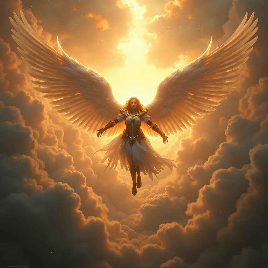 masterpiece, best quality, ultra highres, photorealistic, 8k resolution, Canon EOS R5, 50mm, ethereal, angels, battle in heaven, armored angels, dramatic lighting, epic scale, divine radiance, celestial atmosphere, heavenly scenery, divine power, angelic warriors, epic clash, glowing auras, floating feathers, golden ornaments, intricate details