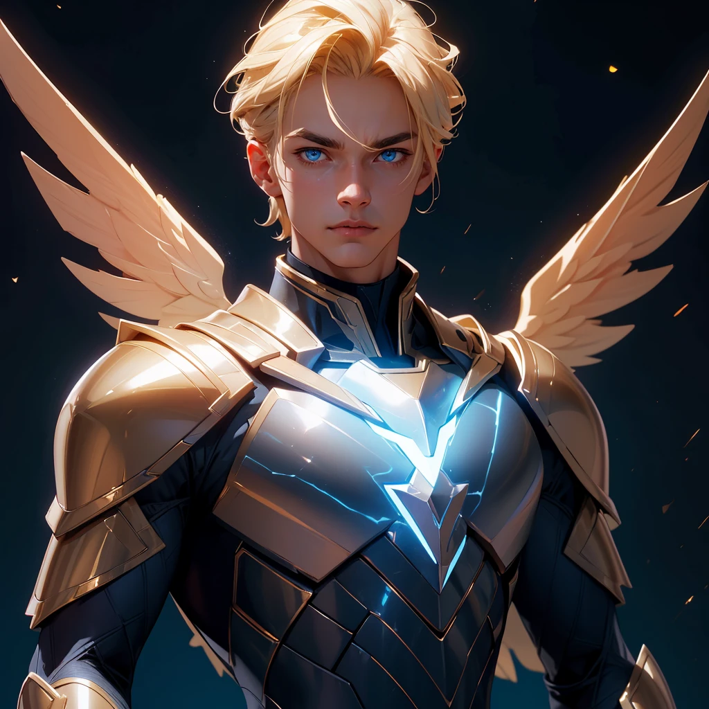 envision a 8k, highres, cinematic close up portrait of a man with a slender muscular body, no facial hair with sleek blonde hair, and blue eyes wearing golden armor and tight dark blue super suit, winged accessories, lightning effects against a dark gray background