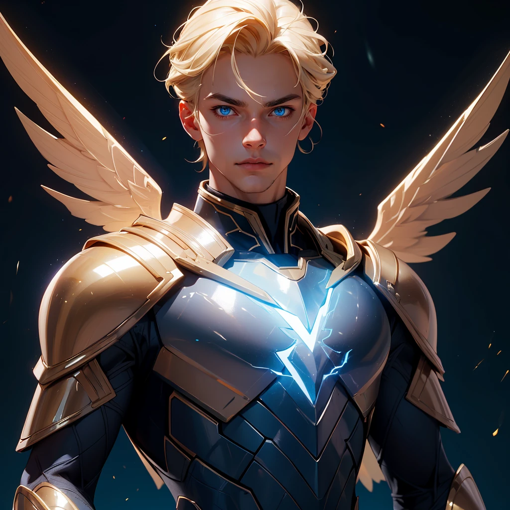 envision a 8k, highres, cinematic close up portrait of a man with a slender muscular body, no facial hair with sleek blonde hair, and blue eyes wearing golden armor and tight dark blue super suit, winged accessories, lightning effects against a dark gray background