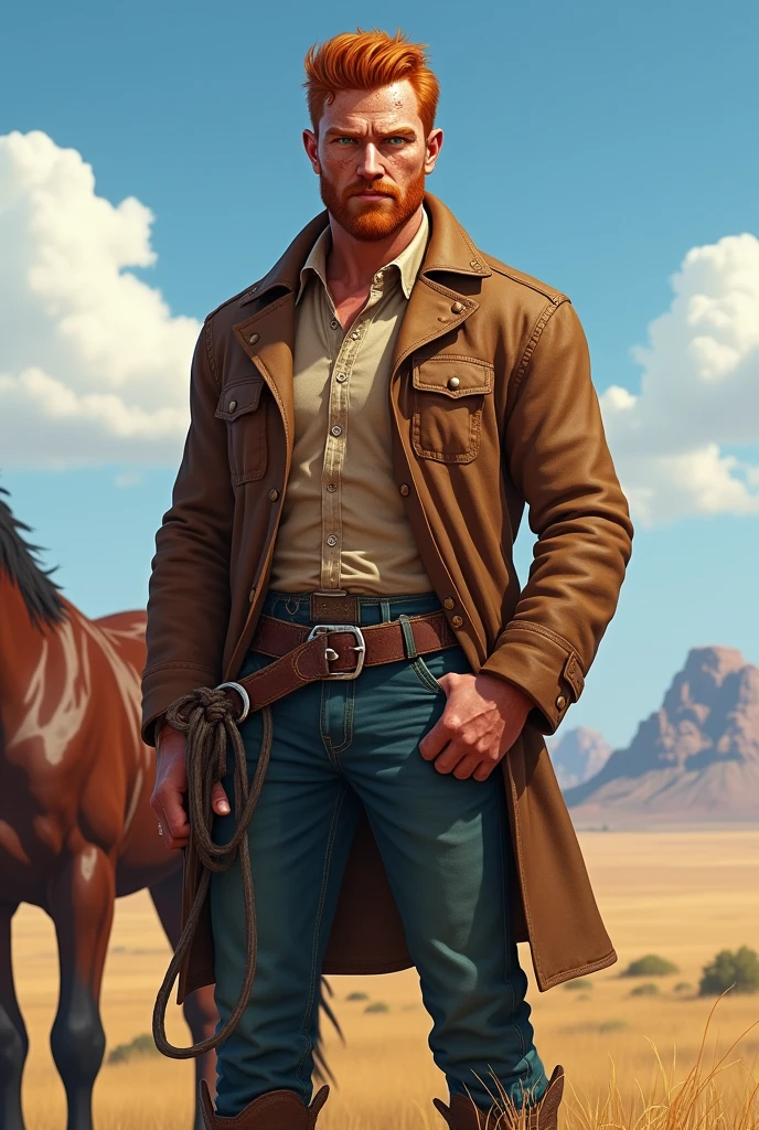 a cowboy man, redhead with freckles and green eyes 