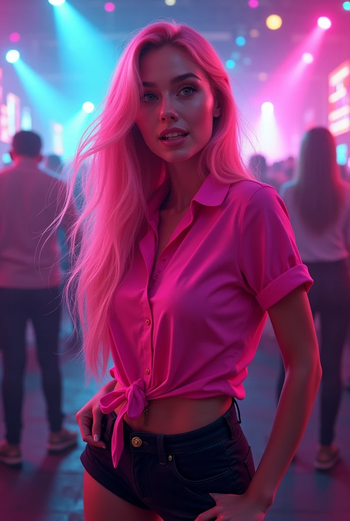 A woman wearing a pink shirt and black shorts. ,long pink hair,Club background
