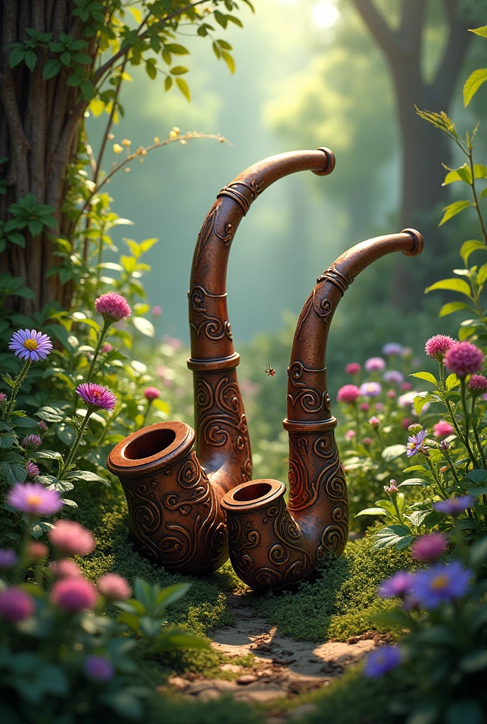 two pipes, surrounded by herbs and flowers